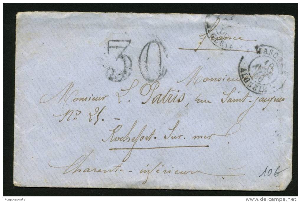 ALGERIE Pli de MASCARA 1849 en Port Du avec CàDate type 15 de MASCARA ALGERIE > ROCHEFORT + taxe 30 double trait
