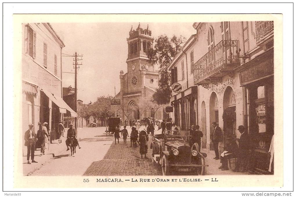 MASCARA - ALGERIE - LA RUE D'ORAN ET L'EGLISE - AUTOMOBILE - BELLE ANIMATION