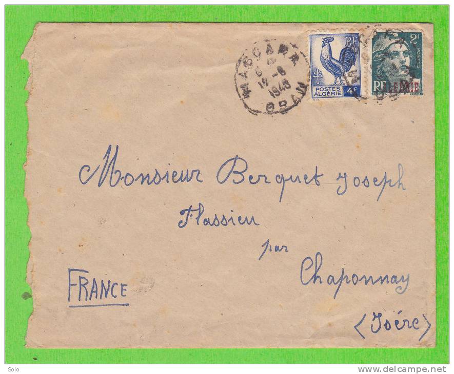 Sur Env. CHAPONNAY (Isère) - CAD MASCARA (Algérie) sur 2 timbres