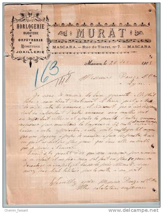 Entête du 26/12/1905 MURAT Horlogerie bijouterie orfèvrerie - Mascara Algérie - PAUZE Lyon
