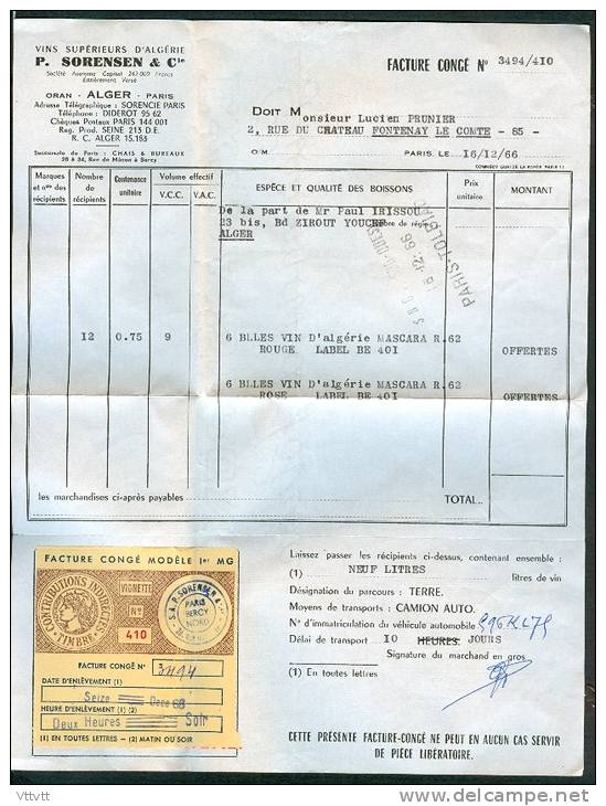 Vins Supérieurs Algérie (1966)  Facture-Congé, 12 Bouteilles Rouge et Rosé Mascara, P. Soerensen & Cie, Fontenay...