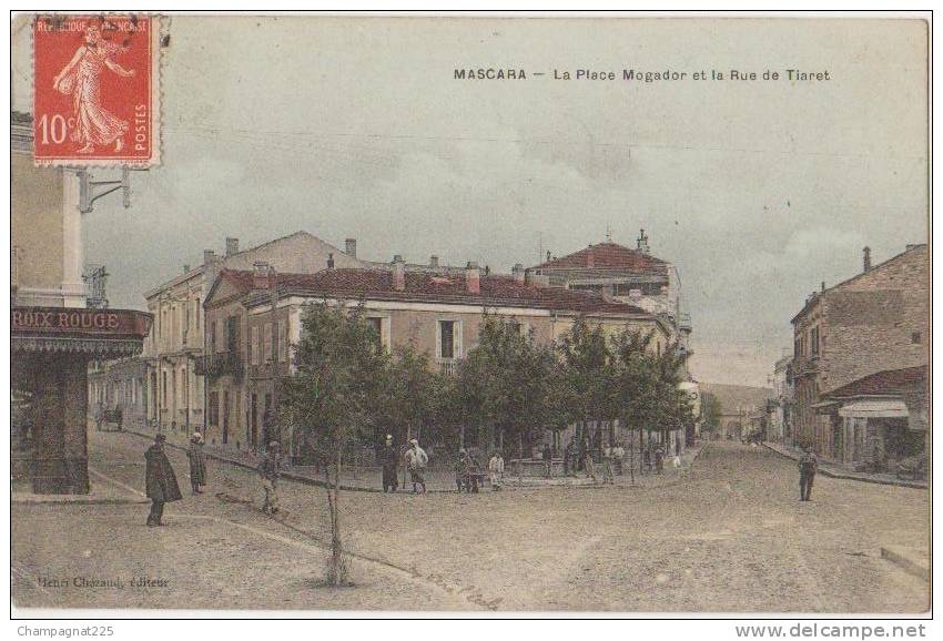 CPA ALGERIE MASCARA La Place Mogador et la Rue de Tiaret carte colorisée 1908