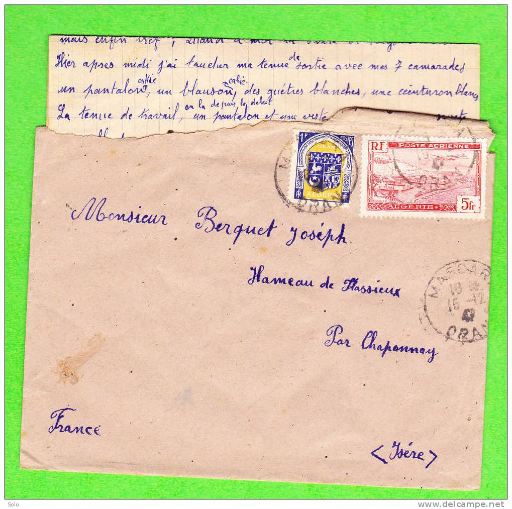 Sur Env. pour CHAPONNAY (Isère) et contenant lettre - CAD MASCARA (Algérie) du 15-12-1947 sur Affranch. bicolore