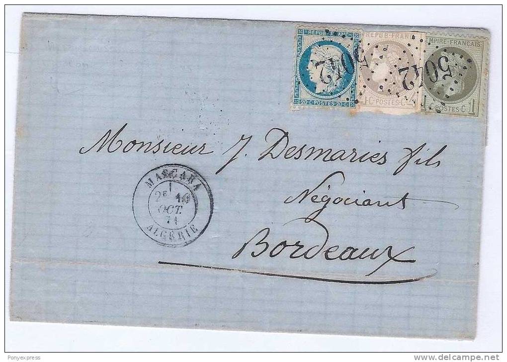 Affranchissement dit de Septembre 1871 de Mascara Algérie sur lettre pour Bordeaux 10 oct 71