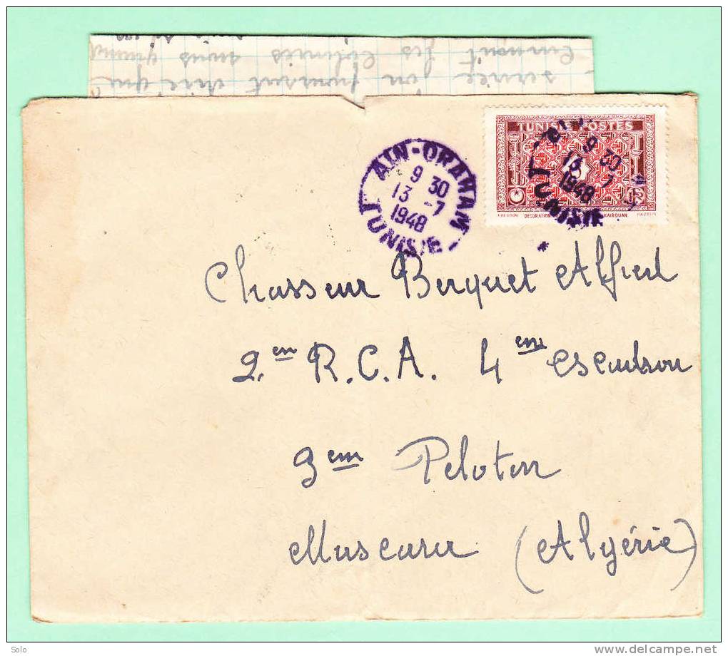 Sur Env. pour MASCARA (Algérie) - CAD bleu AIN-DRAHAM (Tunisie) du 13-7-1948 sur Affranch. Tunisie Poste