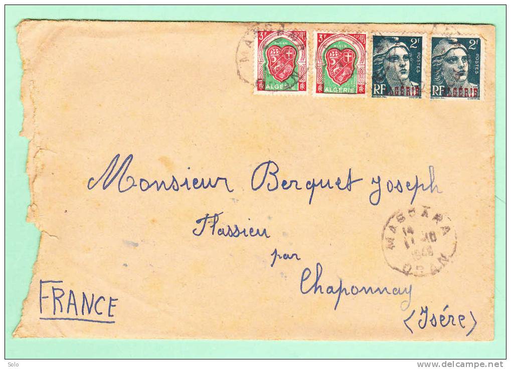Sur Env. pour CHAPONNAY (Isère) - CAD MASCARA sur Affranch. bicolore dont Marianne de Gandon surchargé ALGERIE