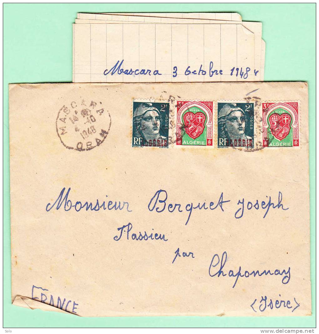 Sur Env. pour FLASSIEU (Isère) - CAD MASCARA du 4-10-1948 sur Affr. bicolore dont Marianne de Gandon surchargé ALGERIE