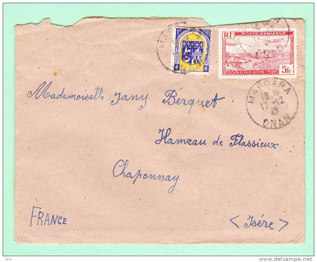 Sur Env. pour FLASSIEU (Isère) - CAD MASCARA sur Affranch. bicolore dont 5f Poste Aérienne ALGERIE