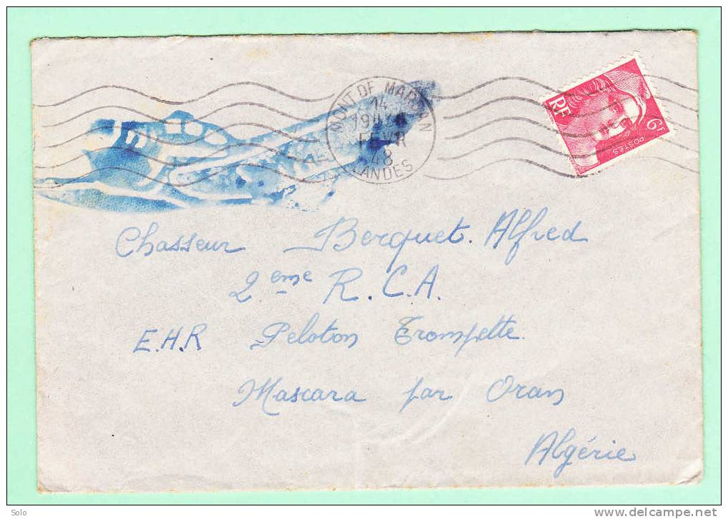 Sur Env. par Avion pour Mascara (Algérie) - RBV MONT DE MARSAN (Landes) du 14-2-1948 sur 6f Marianne de Gandon