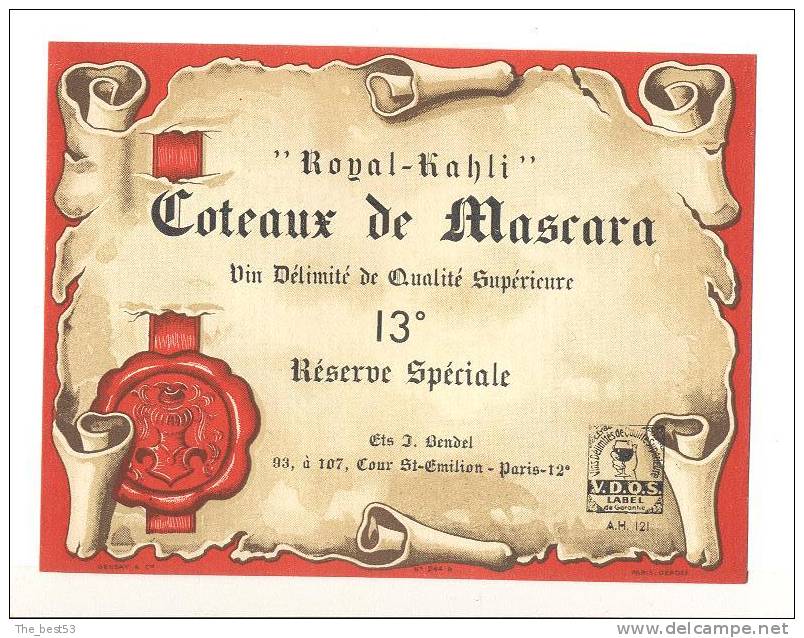 Etiquette de vin d´Algérie   Mascara   réserve spéciale  Royal Kahli