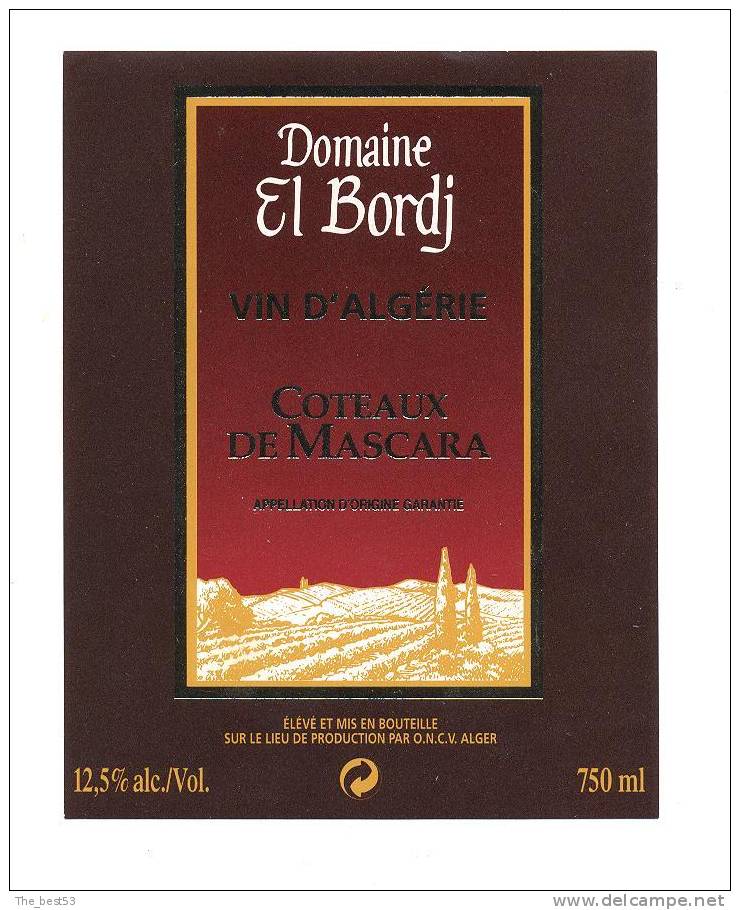 Etiquette de vin d´Algérie   Mascara    Domaine  El Bordj