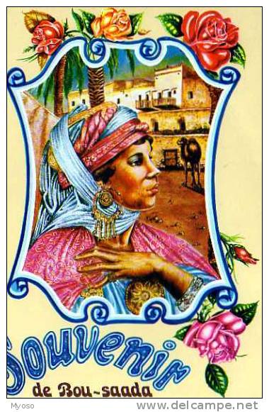 Souvenir de BOU SAADA Tenue traditionnelle , illustrateur, femme,  roses, dromadaire