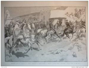 Algérie , entrrée du général Poizat a Bou Saada , gravure Baude dessin Dunk 1889
