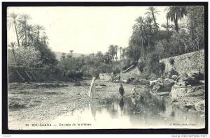 CPA ANCIENNE- ALGÉRIE- BOU-SAADA- UN COIN DE LA RIVIERE- BELLE ANIMATION-