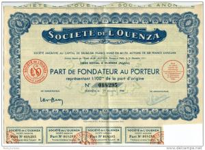 Société de l´Ouenza Part de fondateur (Ouenza Algérie 1948) numéro 018295