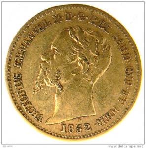 VITTORIO EMANUELE II 20 LIRE 1852 Genova ORO rara marengo collo lungo