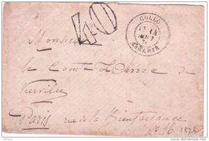 1876- env. carte de visite oblit. COLLO / ALGERIE    TAXE dt 40 pour Paris