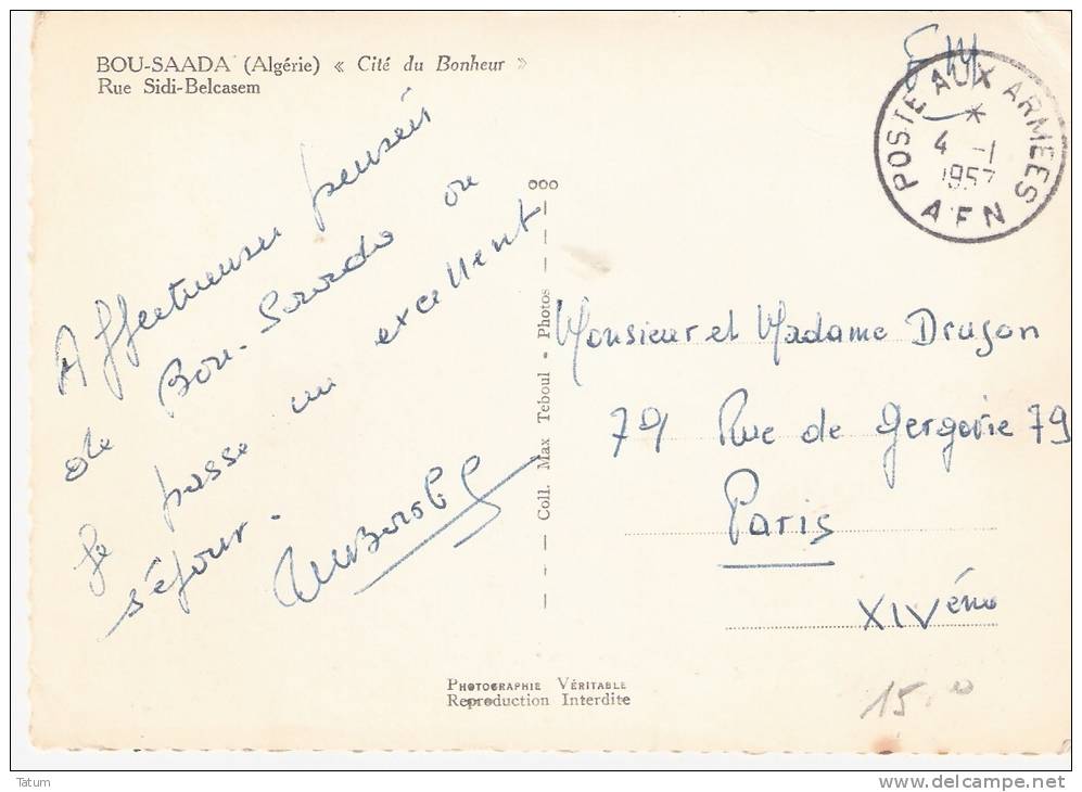 POSTE AUX ARMEES A F N sur carte de BOU SAADA