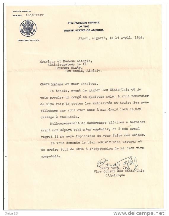 VIEUX PAPIERS FOREIGN SERVICE OF THE UNITED STATES OF AMERICA  ALGER AVRIL 1942 BOU SAADA