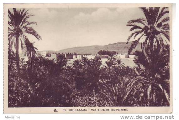 ALGERIE - BOU SAADA - vue à travers les palmiers (timbre d´algérie) - nr 19 CAP à strasbourg - d10 102