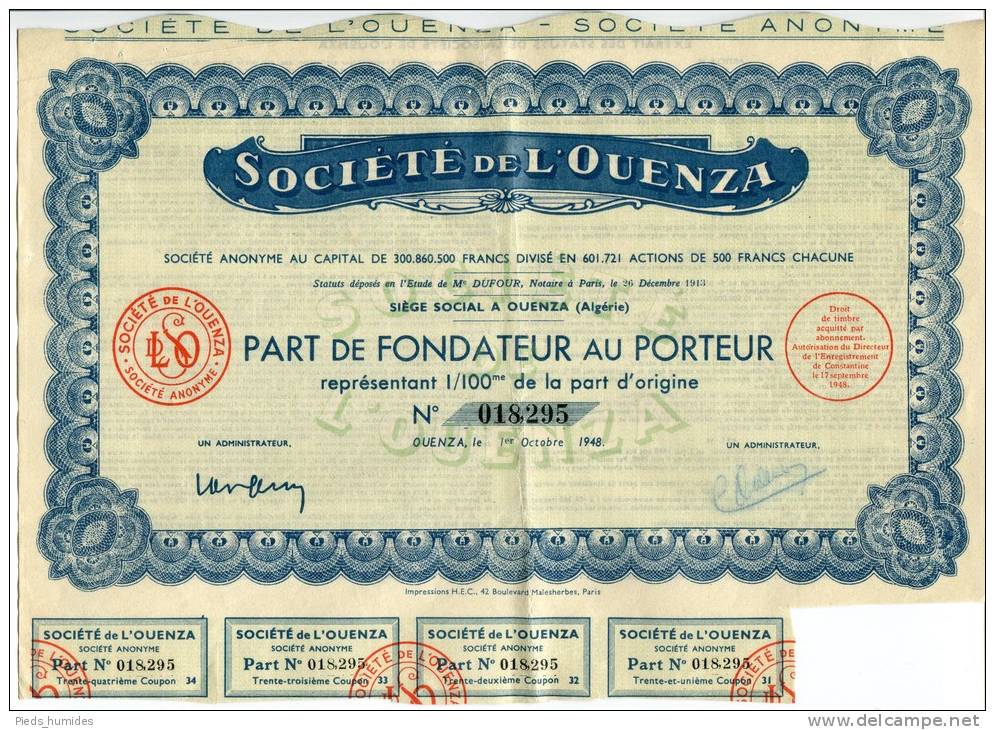 Société de l´Ouenza Part de fondateur (Ouenza Algérie 1948) numéro 018295