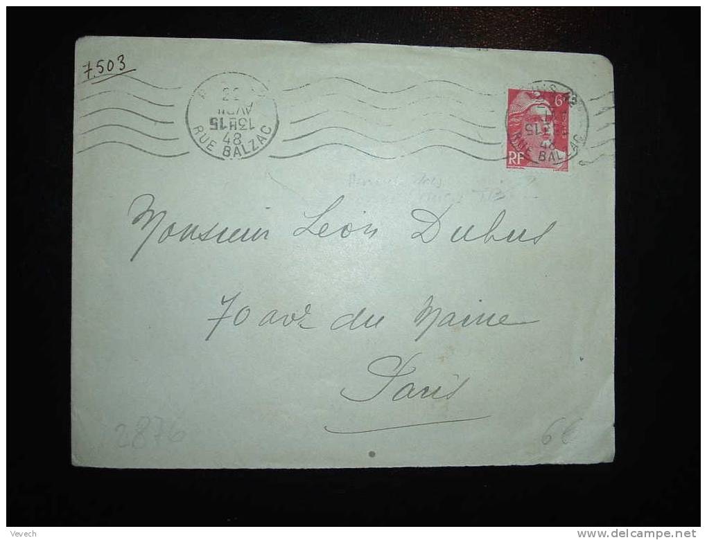 LETTRE TYPE MARIANNE DE GANDON  3 F OBL. MECANIQUE VARIETE 22-04-1948 PARIS 42 (75) + ENTETE SOCIETE DE L'OUENZA