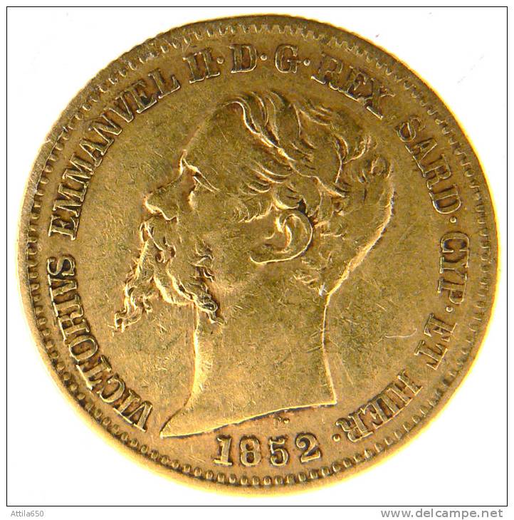 VITTORIO EMANUELE II 20 LIRE 1852 Genova ORO rara marengo collo lungo