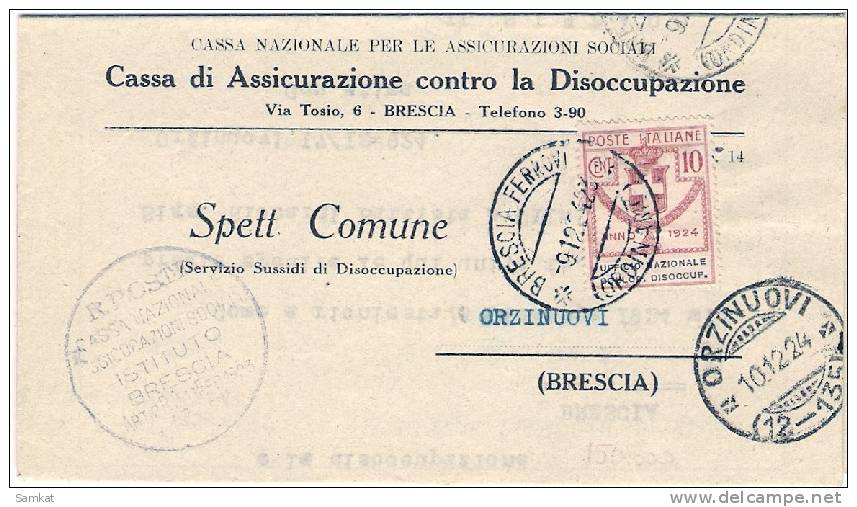1924-Italia piego della cassa nazionale per le assicurazioni sociali affrancato parastatali 10c. Ufficio Nazionale Collo