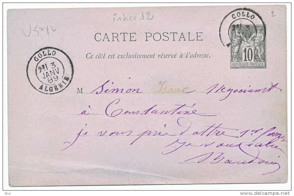 ALGERIE CP ENTIER 1889 COLLO T18 PETIT DEFAUT EN BAS VISIBLE AU SCAN INDICE 12 = 80 EUROS