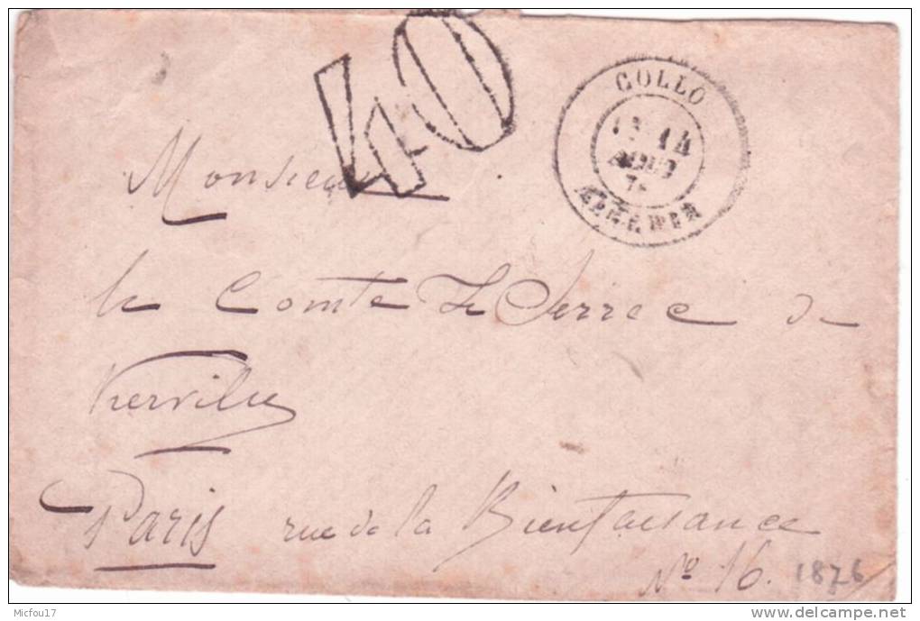 1876- env. carte de visite oblit. COLLO / ALGERIE  + TAXE dt 40 pour Paris