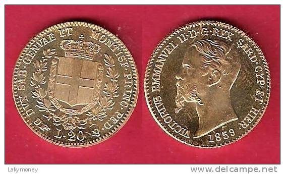 20 LIRE 1859 Torino Collo lungo FDC Regno di Sardegna Vittorio Emanuele II 1849 - 1861 no ORO