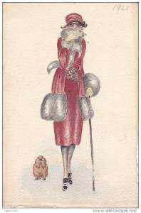 CARD SENZA DORSO DIPINTA AMANO -PEINTRE A LA MAIN  DONNINA CON CANE E COLLO DI PELLICCIA DI VOLPE -FP-N-2 -0882-7788
