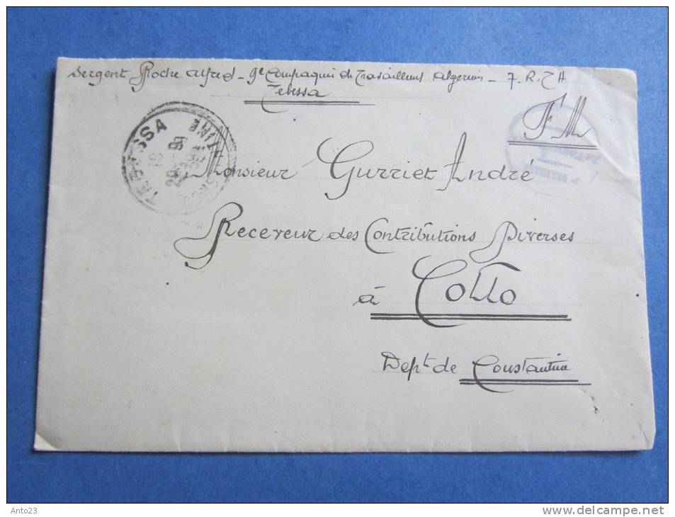 lettre en  FM  a dest de collo  dept de constantine  exp le sergent de la 9 compagnie des travailleurs algérien tebessa