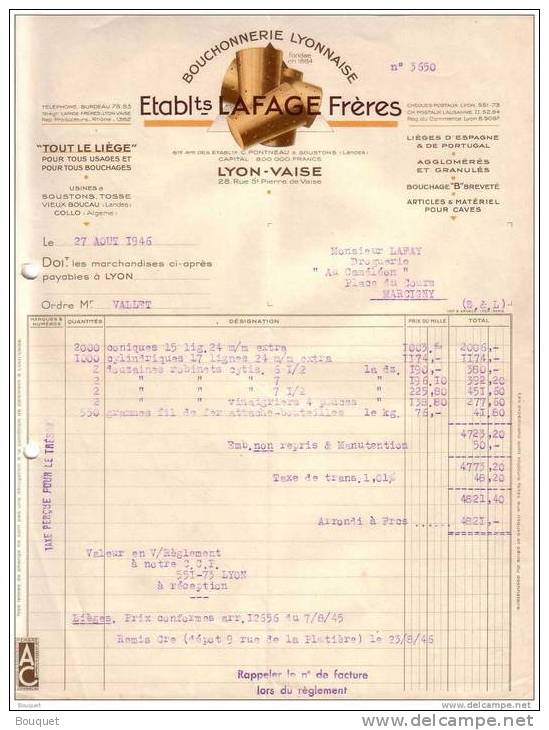 RHÔNE - LANDES - LYON VAISE - USINES A SOUSTONS , TOSSE , VIEUX BOUCAU , COLLO ( ALGERIE ) - ETS LAFAGE FRERES - 1946
