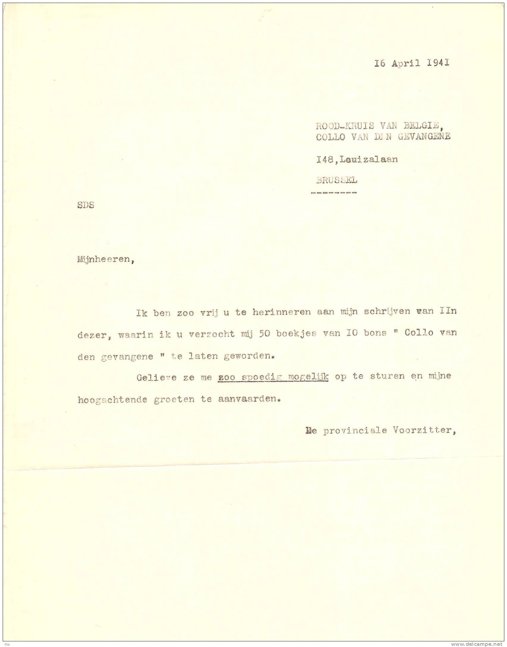 Brief/Lettre. Rood Kruis van Belgie/Croix-Rouge de Belgique - 16/04/1941 - Collo van den Gevangene.