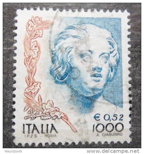 1999 nr 2397 La donna nell´arte in lire 1000 e in euro 0,52 valore in blu e macchie colore sul collo