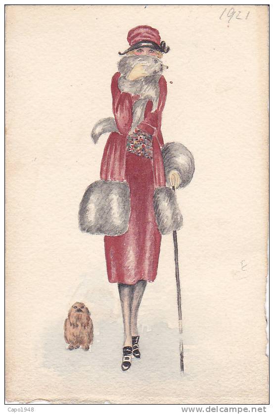 CARD SENZA DORSO DIPINTA AMANO -PEINTRE A LA MAIN  DONNINA CON CANE E COLLO DI PELLICCIA DI VOLPE -FP-N-2 -0882-7788