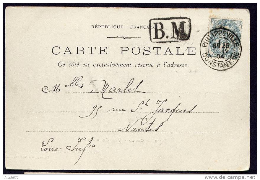 33994 - 111 cad PHILIPPEVILLE CONSTANTINE janv 1904 + gros cachet BM encadré s/CPA de COLLO pour la France TB