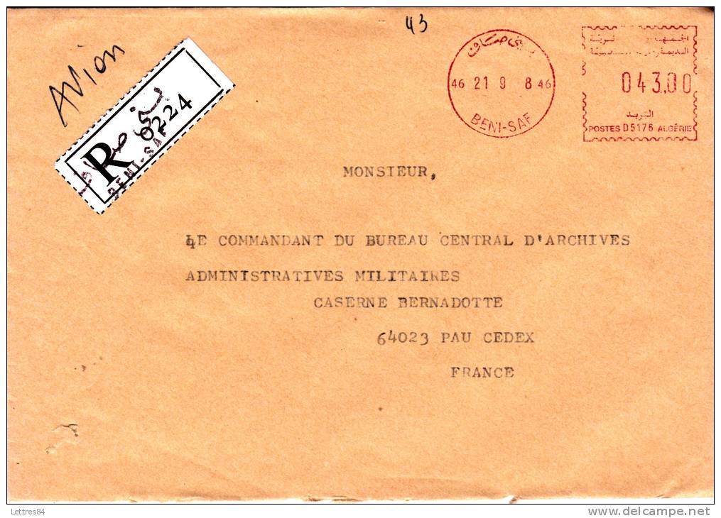 Lettre recommandée d´Algérie , EMA Beni-Saf