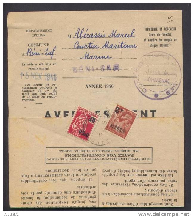 52433 - 2 TP cad ORAN  1946 s/imprimé des contributions de BENI SAF, rare TB