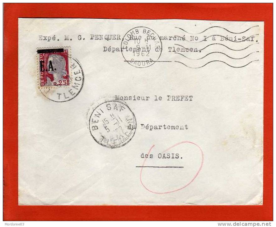 DECARIS SURCHARGE EA TYPO. BENI SAF TLEMCEN 5/11/1962 .VARIETE POINT CARRE/SURCHARGE PARTIELLE