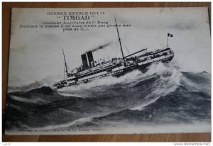 Timgad  Guerre Naval-Croiseur auxiliaire de &er Rang donnant la chasse à un sous marin par grosse mer très belle CPA