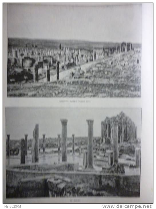 Algérie , les ruines de Timgad , la grande voie , le marché ,le théatre , les latrines publiques , gravure de Sgap 1895
