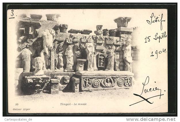 CPA Timgad, Le musée, Statuen und Reliefs, freigelegt bei einer Ausgrabung