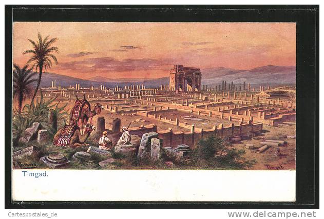 Artiste-CPA F.Perlberg Timgad, Dämmungsbild der Ausgrabungsstätte, Kamele