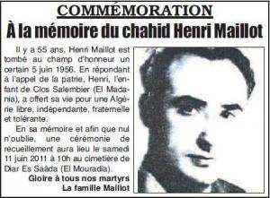 Algérie - COMMÉMORATION:  À la mémoire du chahid Henri Maillot