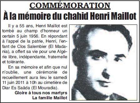 Algérie - COMMÉMORATION:  À la mémoire du chahid Henri Maillot
