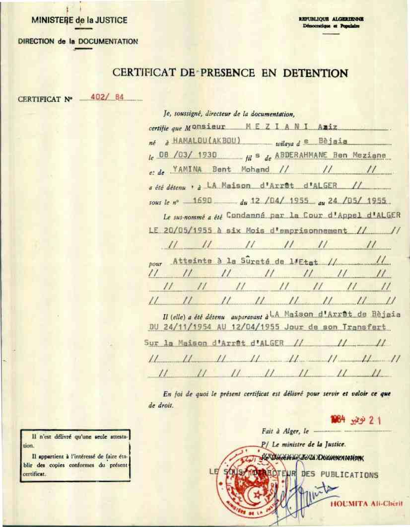 certificat de présence en detention