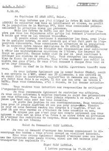 doc FLN A22 LETTRE DU Cdt EL HEDJ LAKHDER AU Cpt AMAR ACHI Cher de la mantika 1  du 17/10/1958