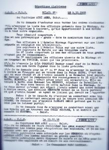 Note de service du Cdt El hadj lakhder au Cpt Achi ammar  le 09/10/1958 pour application.